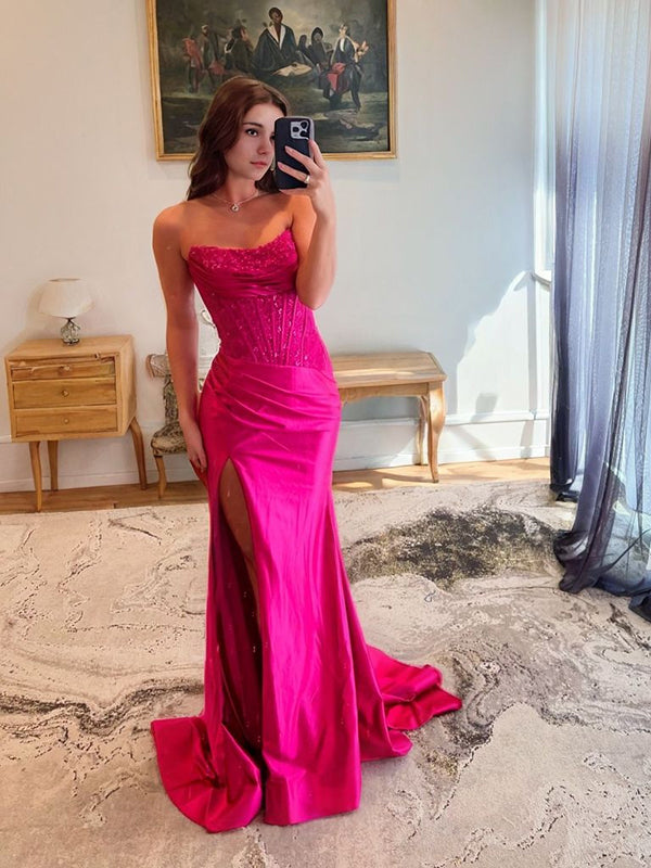 Sheath Straight Pleated Sweep Train Silk Like Satin Corset Dress