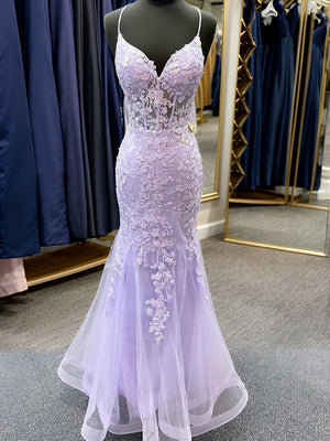 Mermaid V-neck Appliques Lace Floor-Length Tulle Corset Dress