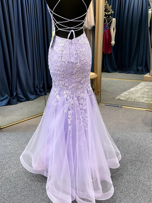 Mermaid V-neck Appliques Lace Floor-Length Tulle Corset Dress