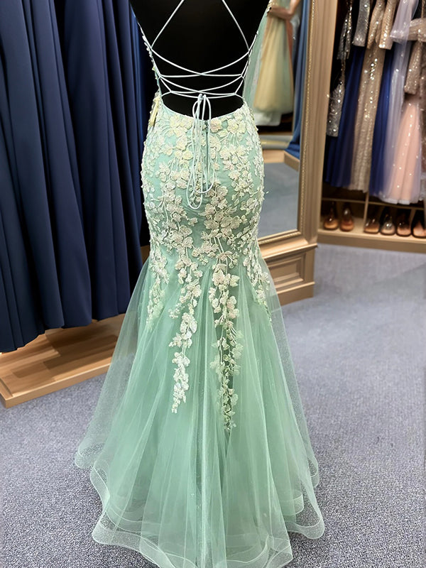 Mermaid V-neck Appliques Lace Floor-Length Tulle Corset Dress