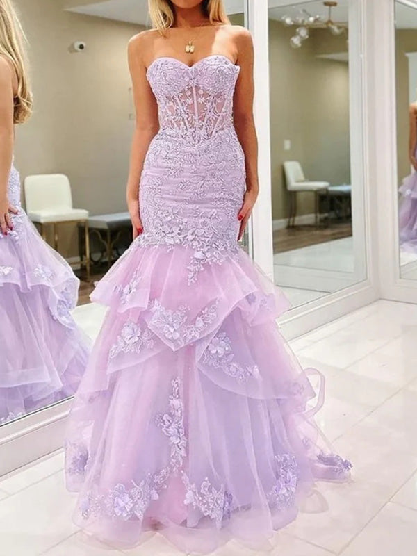 Mermaid Sweetheart Appliques Lace Sweep Train Tulle Corset Dress
