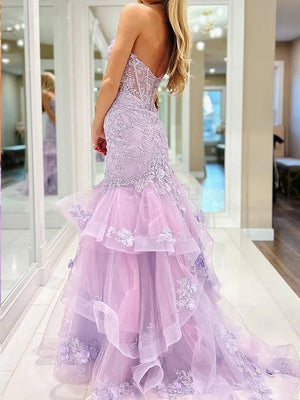 Mermaid Sweetheart Appliques Lace Sweep Train Tulle Corset Dress