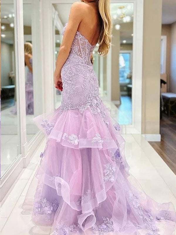 Mermaid Sweetheart Appliques Lace Sweep Train Tulle Corset Dress