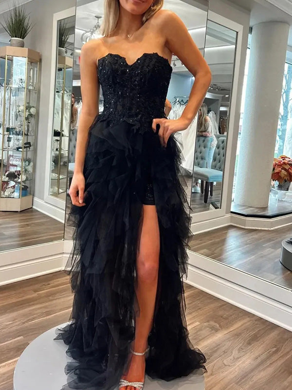 A-line Sweetheart Appliques Lace Floor-Length Tulle Dress