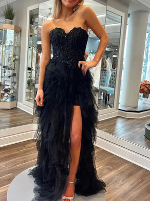 A-line Sweetheart Appliques Lace Floor-Length Tulle Dress