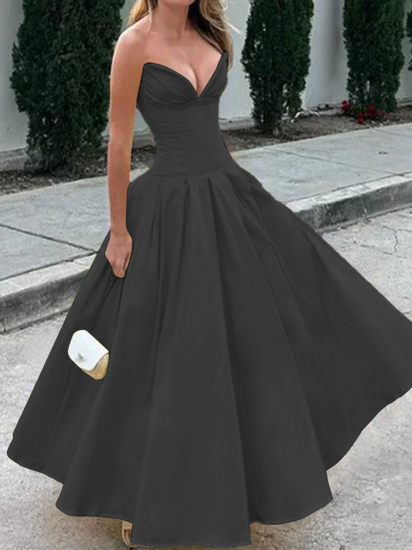 A-line Sweetheart Pleated Ankle-Length Satin Corset Dress