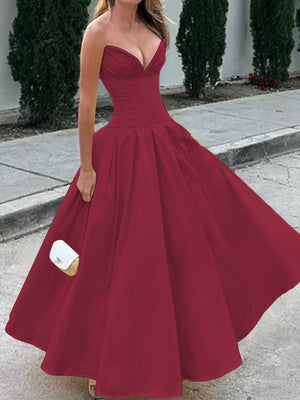 A-line Sweetheart Pleated Ankle-Length Satin Corset Dress