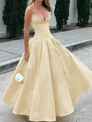A-line Sweetheart Pleated Ankle-Length Satin Corset Dress