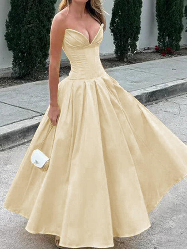 A-line Sweetheart Pleated Ankle-Length Satin Corset Dress
