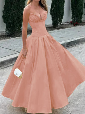 A-line Sweetheart Pleated Ankle-Length Satin Corset Dress