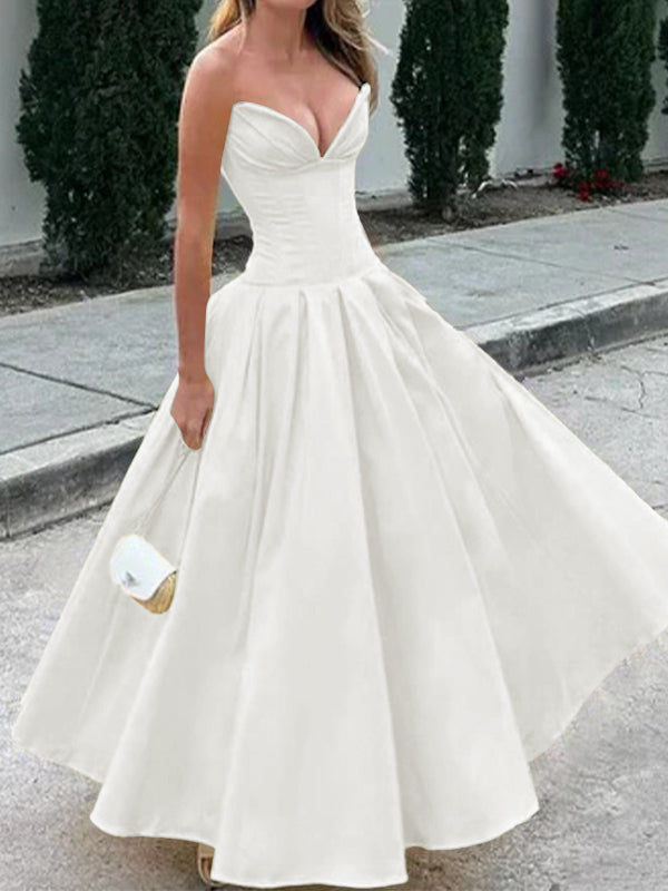 A-line Sweetheart Pleated Ankle-Length Satin Corset Dress