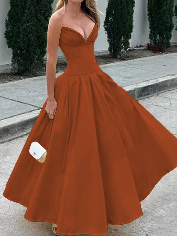 A-line Sweetheart Pleated Ankle-Length Satin Corset Dress