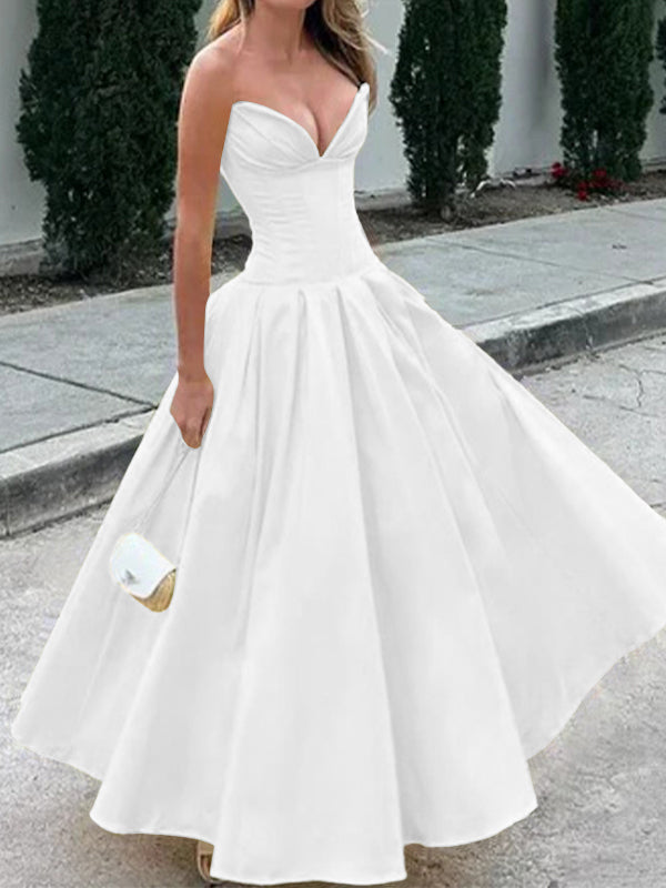 A-line Sweetheart Pleated Ankle-Length Satin Corset Dress