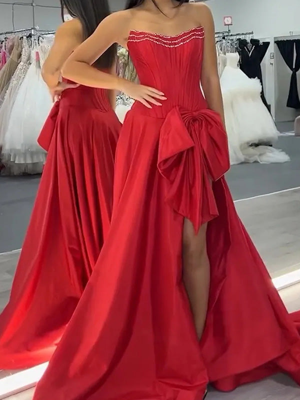 A-line Straight Bow Sweep Train Taffeta Corset Dress
