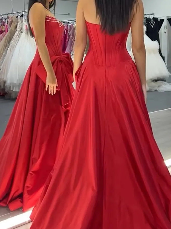 A-line Straight Bow Sweep Train Taffeta Corset Dress