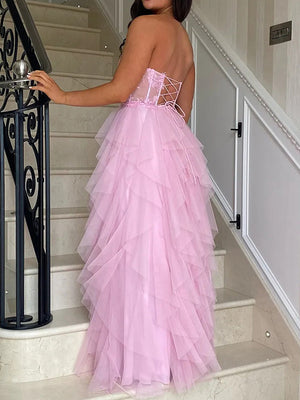 A-line Straight Appliques Lace Floor-Length Tulle Corset Dress