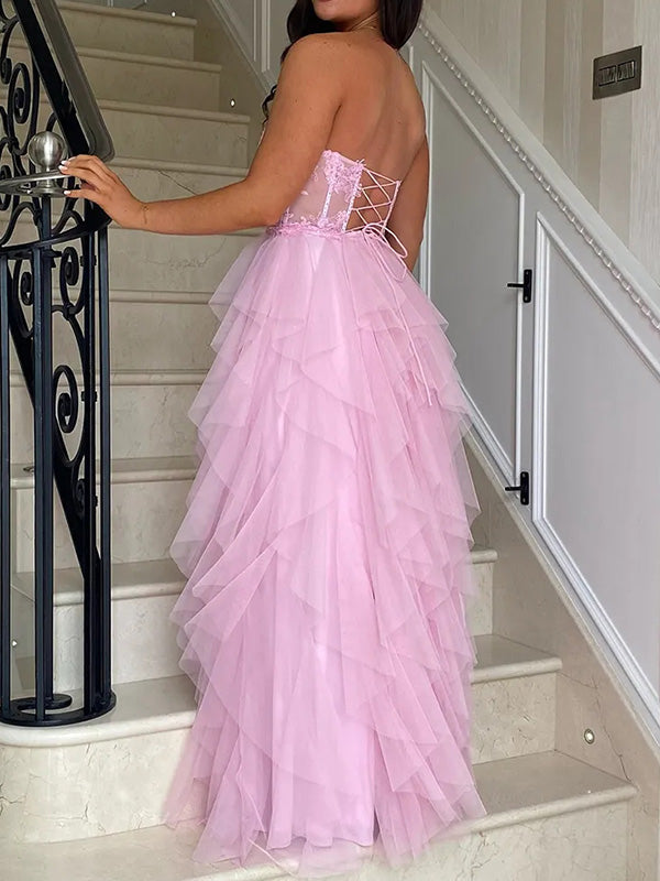 A-line Straight Appliques Lace Floor-Length Tulle Corset Dress