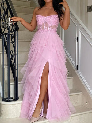 A-line Straight Appliques Lace Floor-Length Tulle Corset Dress