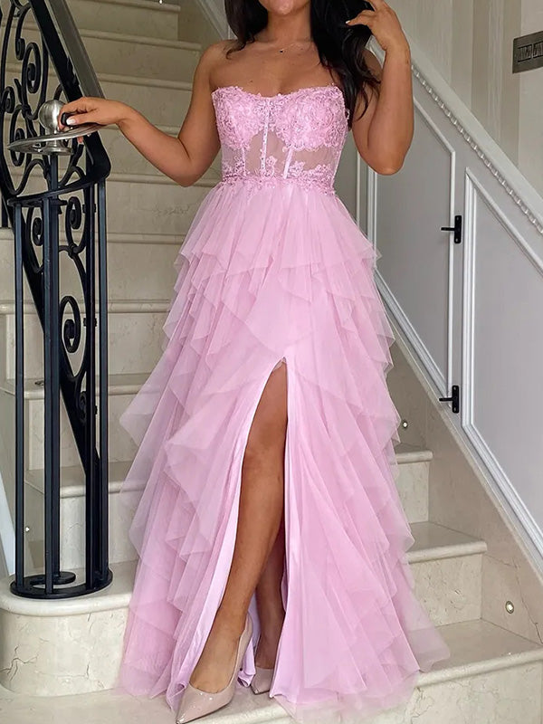 A-line Straight Appliques Lace Floor-Length Tulle Corset Dress