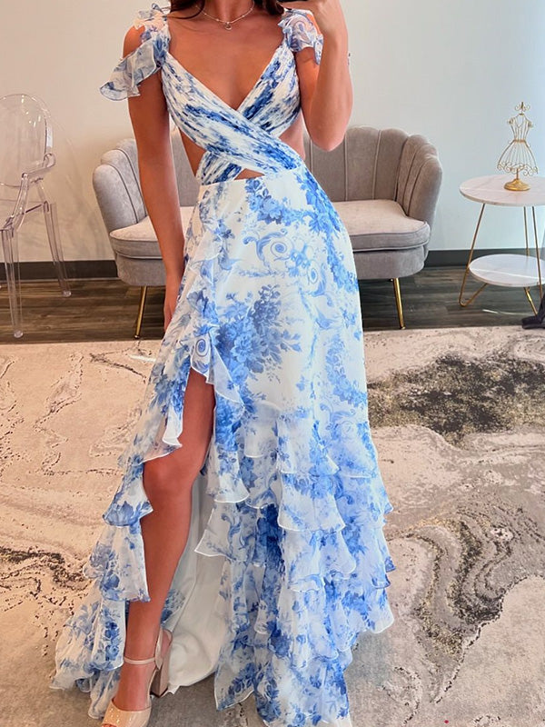 A-line V-neck Ruffles Sweep Train Dress