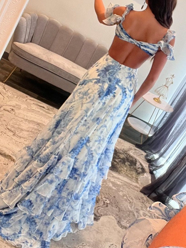 A-line V-neck Ruffles Sweep Train Dress