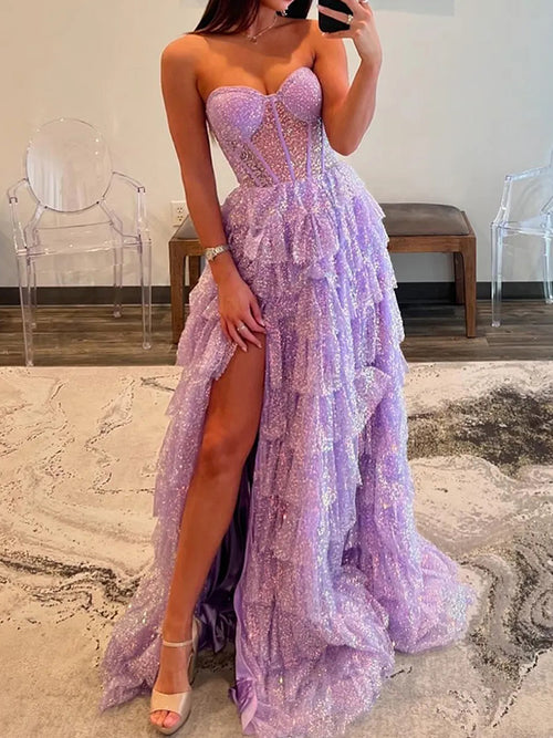 A-line Sweetheart Cascading Ruffles Sweep Train Corset Dress