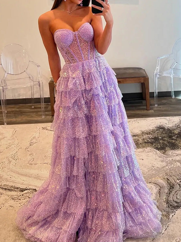 A-line Sweetheart Cascading Ruffles Sweep Train Corset Dress