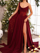 A-line Cowl Pleated Sweep Train Chiffon Corset Dress