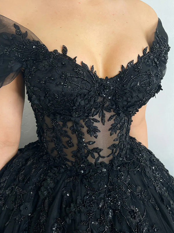 A-line Off-the-Shoulder Appliques Lace Floor-Length Tulle Corset Dress