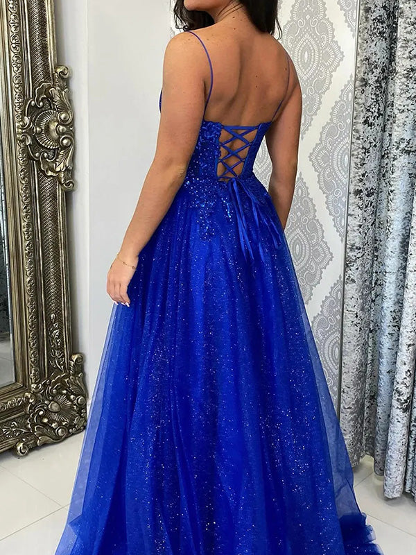A-line Spaghetti Straps Sequin Floor-Length Tulle Corset Dress