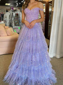 A-line Off-the-Shoulder Cascading Ruffles Floor-Length Dress