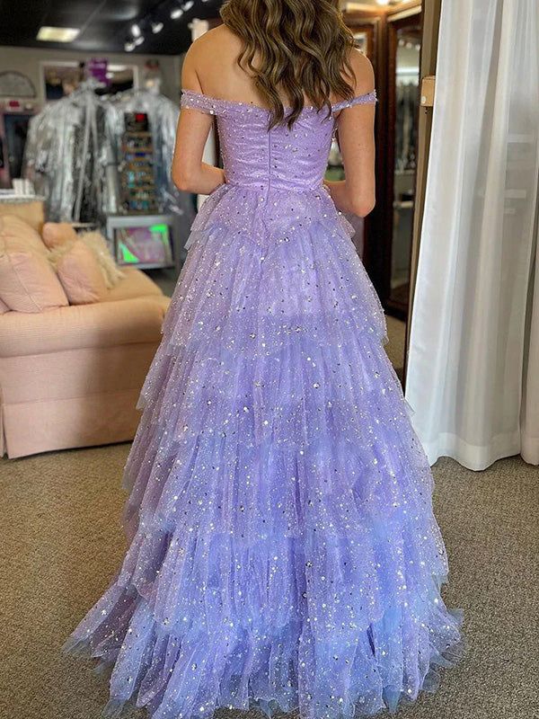 A-line Off-the-Shoulder Cascading Ruffles Floor-Length Dress