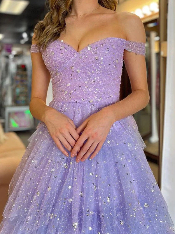 A-line Off-the-Shoulder Cascading Ruffles Floor-Length Dress