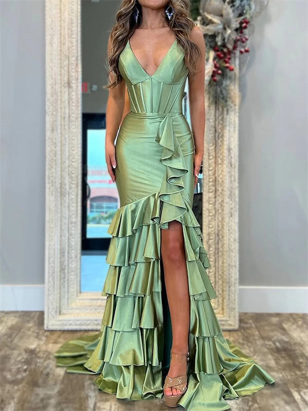 Sheath V-neck Cascading Ruffles Sweep Train Silk Like Satin Corset Dress