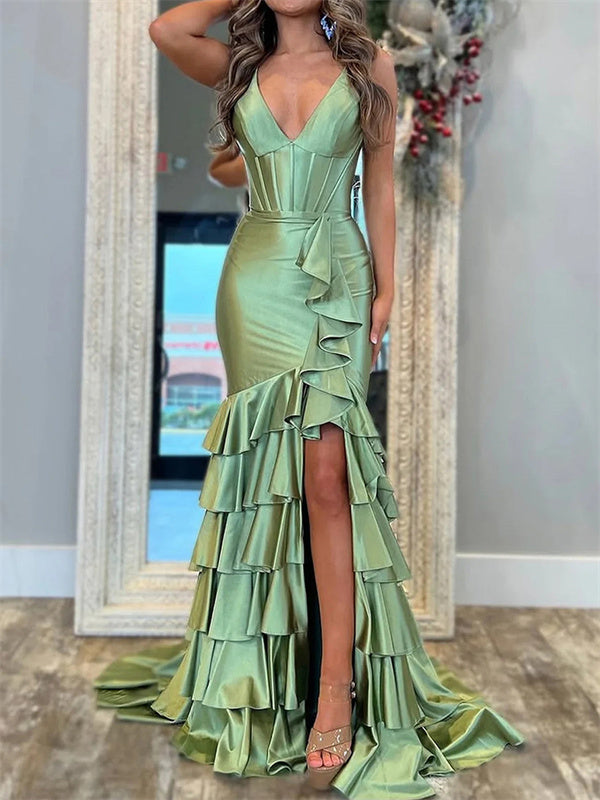 Sheath V-neck Cascading Ruffles Sweep Train Silk Like Satin Corset Dress