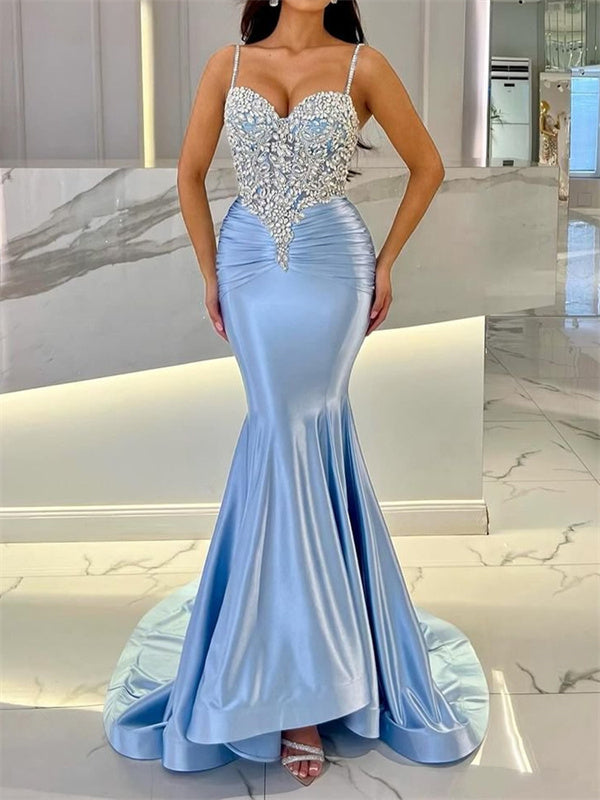 Sheath Spaghetti Straps Rhinestone Court Train Corset Dress