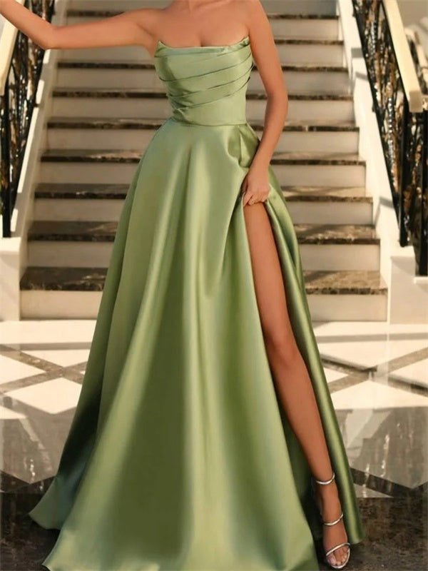 A-line Straight Pleated Floor-Length Satin Dress