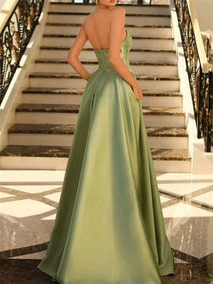 A-line Straight Pleated Floor-Length Satin Dress