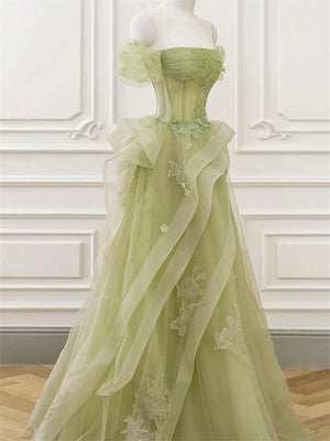 A-line Off-the-Shoulder Appliques Lace Floor-Length Tulle Corset Dress
