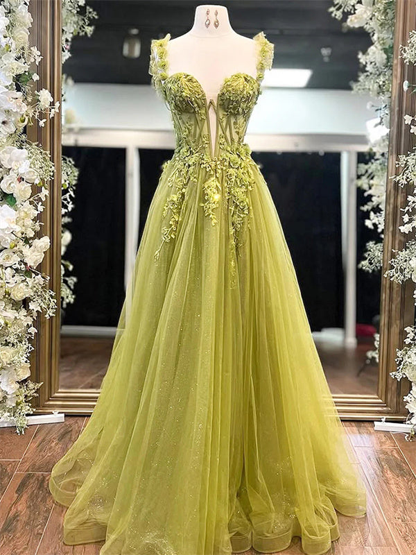 A-line Straps Appliques Lace Floor-Length Tulle Corset Dress