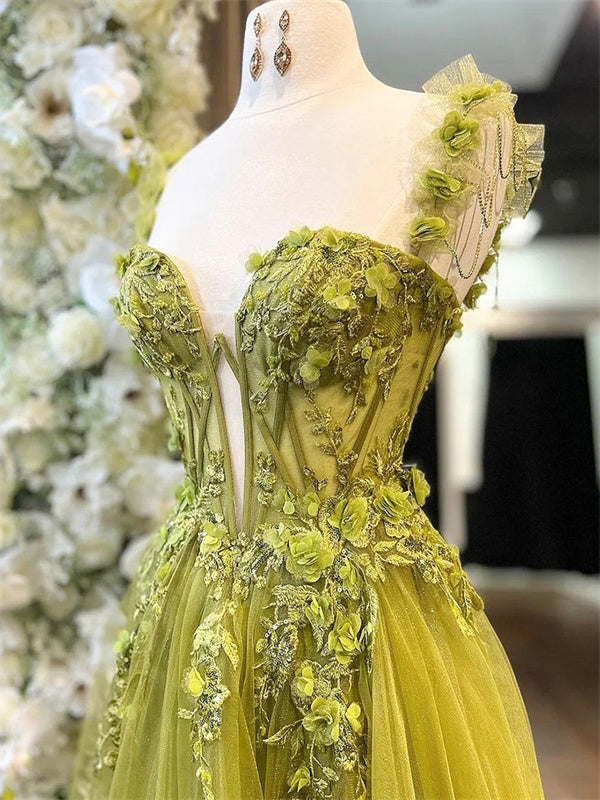 A-line Straps Appliques Lace Floor-Length Tulle Corset Dress