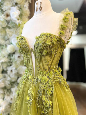 A-line Straps Appliques Lace Floor-Length Tulle Corset Dress