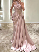 Sheath Halter Pleated Sweep Train Silk Like Satin Dress