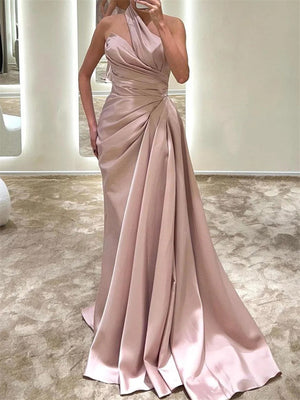 Sheath Halter Pleated Sweep Train Silk Like Satin Dress