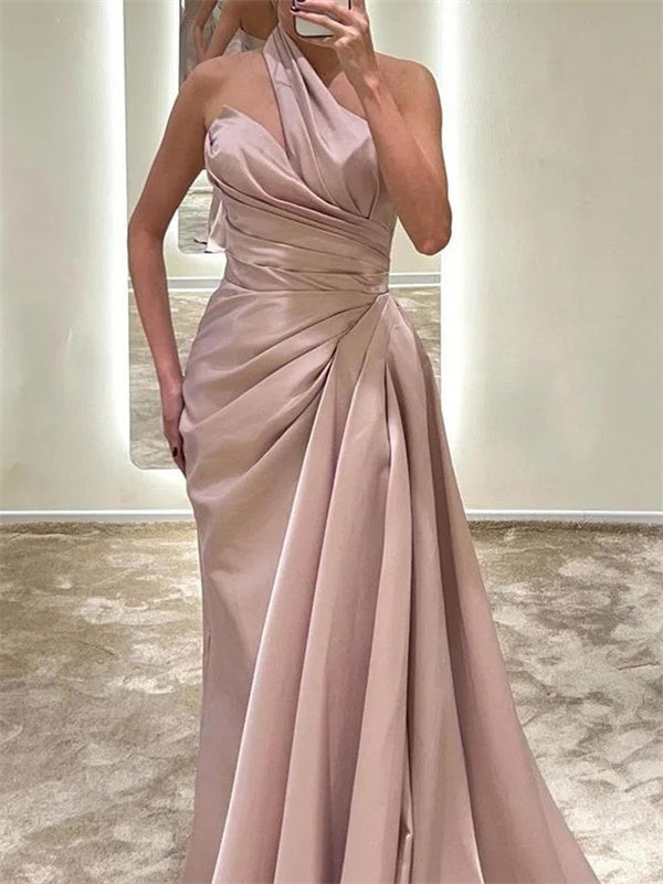 Sheath Halter Pleated Sweep Train Silk Like Satin Dress