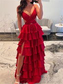 A-line Spaghetti Straps Cascading Ruffles Sweep Train Silk Like Satin Dress