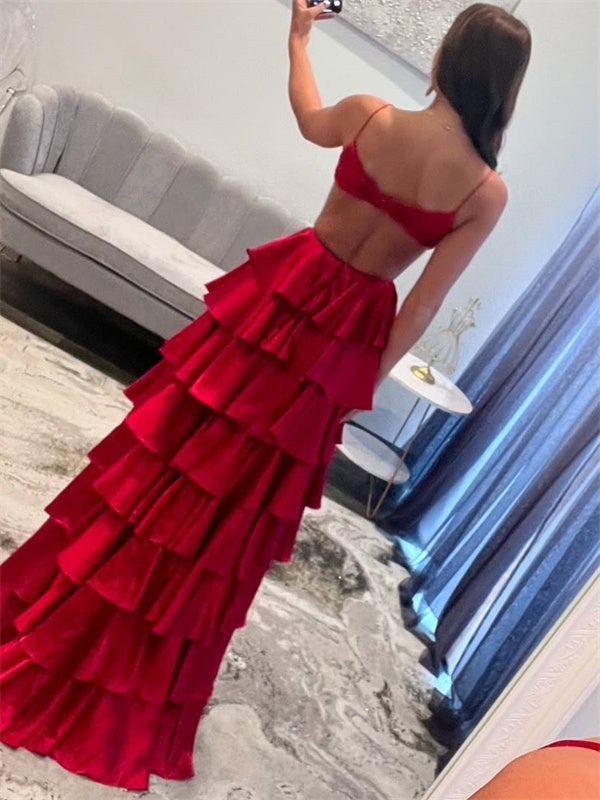 A-line Spaghetti Straps Cascading Ruffles Sweep Train Silk Like Satin Dress