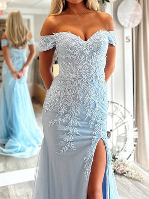 Sheath Off-the-Shoulder Appliques Lace Sweep Train Tulle Dress