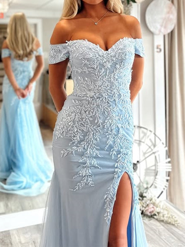 Sheath Off-the-Shoulder Appliques Lace Sweep Train Tulle Dress
