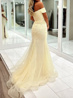 Sheath Off-the-Shoulder Appliques Lace Sweep Train Tulle Dress
